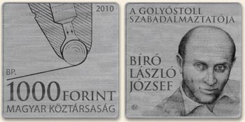 BÍRÓ LÁSZLÓ JÓZSEF, A GOLYÓSTOLL FELTALÁLÓJA - SZINESFÉM ÉRME